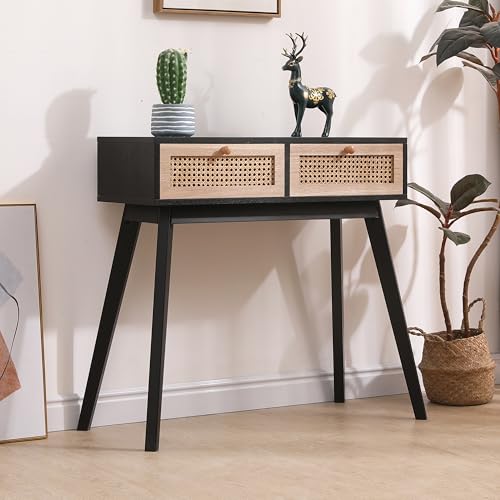 Rattan Console Table, Entryway Tables, Vanity Desk, Rattan Dresser, Farmhouse Wood Sofa Table Behind The Couch, Narrow Side Table for Hallway, Office, Foyer, 31 (Black) - Image 5