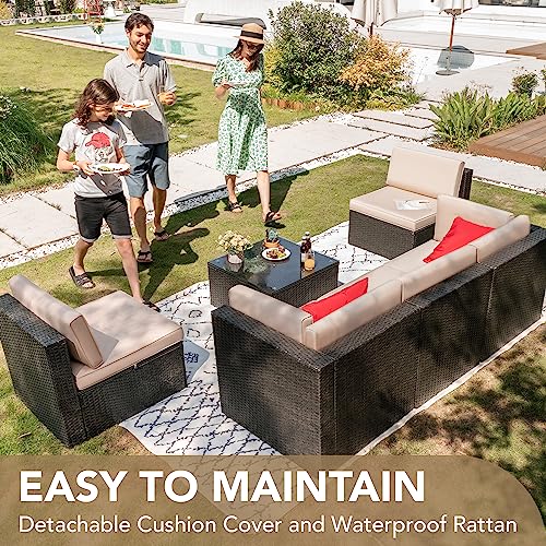 Devoko Patio Furniture Sets 6 Pieces Outdoor Sectional Rattan Sofa Manual Weaving Wicker Patio Conversation Set with Glass Table and Cushion (Beige) - Image 35