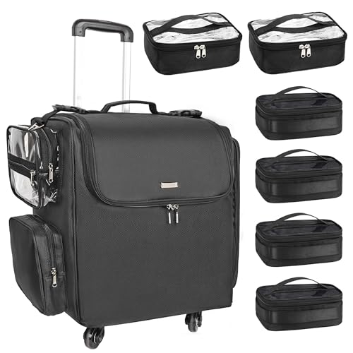 Relavel Rolling Makeup Train Case, Hairstylist Traveling Bag with 4 Wheels, Heat Insulation Full Layer, Adjustable Dividers, Hair Tools and Cosmetics Storage Organizer Trolley Suitcase Makeup Cart