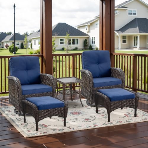 Patio Wicker Chairs Swivel Rocker – Outdoor Swivel Rocking Chairs Set of 2 with Rattan Side Table, Patio Swivel Glider Chair 3 Piece Patio Furniture Sets for Deck Porch Pool Brown/Blue - Image 180