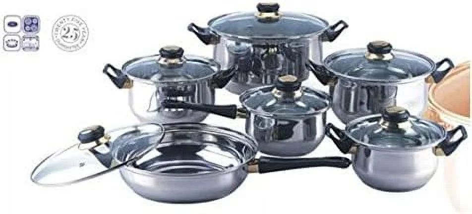 Blackstar 12 Piece Stainless Steel Cookware Set Features Clear Glass Lids And Black Handles (SC-SS003)