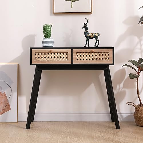 Rattan Console Table, Entryway Tables, Vanity Desk, Rattan Dresser, Farmhouse Wood Sofa Table Behind The Couch, Narrow Side Table for Hallway, Office, Foyer, 31 (Black) - Image 6