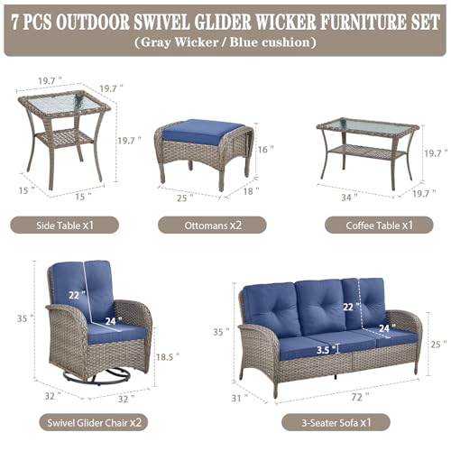 Patio Wicker Chairs Swivel Rocker – Outdoor Swivel Rocking Chairs Set of 2 with Rattan Side Table, Patio Swivel Glider Chair 3 Piece Patio Furniture Sets for Deck Porch Pool Brown/Blue - Image 193