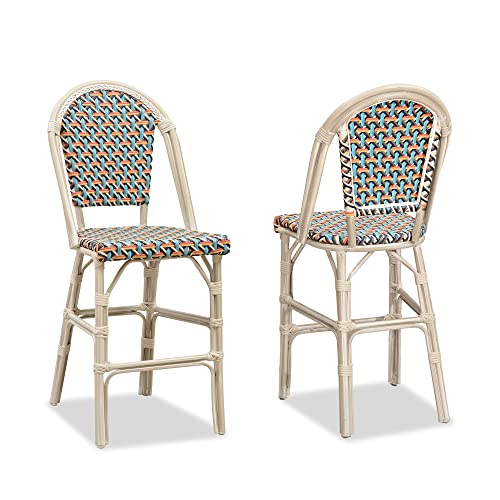 PURPLE LEAF French Counter Height Bar Stool Set of 2 25 White Print Finish Patio Bar Chairs with Back Rattan Bar Chairs French Bistro Set for Kitchen Outdoor Counter Stool Colorful