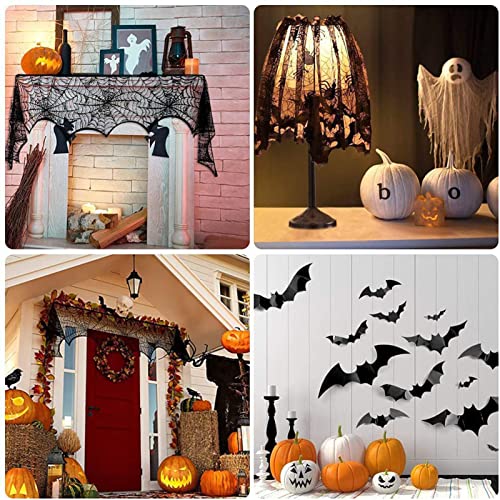 Halloween Decorations Sets,Fireplace Mantel Scarf,Round Spider Table Cover,Lace Table Runner and Cobweb Lampshade,80 Pcs 3D Bat for Party Decors - Image 2