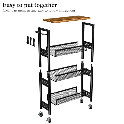 Utility Slim Storage Cart, 4 Tier Small Rolling Kitchen Laundry Room Cart with Wood Top, Metal Narrow Bathroom Storage Cabinet Mobile Shelf Unit Organizer Trolley with Handle for Narrow Space - Image 26