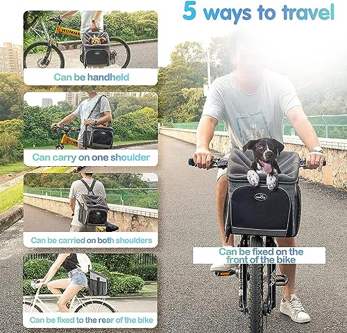 Dog Bike Basket Carrier, Pet Bicycle Front Carrier Backpack for Bike Riding Foldable Removable, Reflective Strips, 2 Side Storage Pockets, Pet Travel Bag for Cats Small Dogs - Image 5