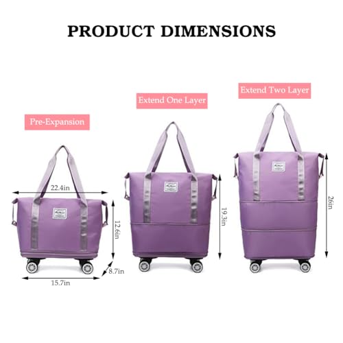 Rolling Duffle Bag with Wheels and Handle Foldable Travel Bag Expandable Carry on Bag with Detachable Casters Wheeled Weekender Bag for Women & Men – Purple - Image 3