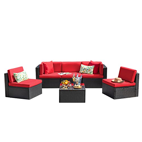 Devoko Patio Furniture Sets 6 Pieces Outdoor Sectional Rattan Sofa Manual Weaving Wicker Patio Conversation Set with Glass Table and Cushion (Beige) - Image 10