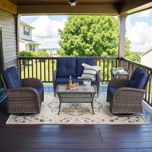 Patio Wicker Chairs Swivel Rocker – Outdoor Swivel Rocking Chairs Set of 2 with Rattan Side Table, Patio Swivel Glider Chair 3 Piece Patio Furniture Sets for Deck Porch Pool Brown/Blue - Image 144