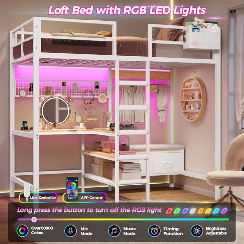 DICTAC Twin Loft Bed with L-Shaped Desk,Storage Shelves and Charging Station Metal Loft Bed Twin Size with LED Lights,Coat Rack with Drawers and Stair,Top Bunk with Safety Guardrail for Teen,Black - Image 13
