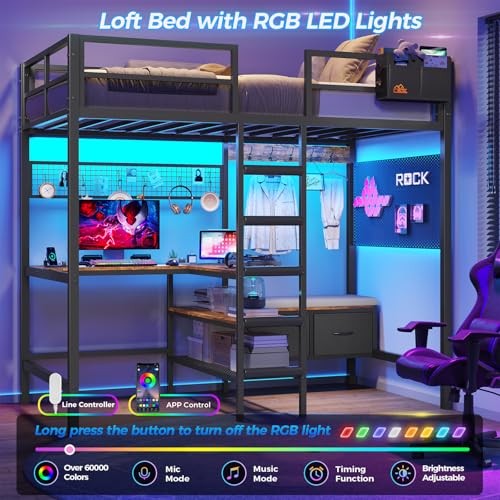 DICTAC Twin Loft Bed with L-Shaped Desk,Storage Shelves and Charging Station Metal Loft Bed Twin Size with LED Lights,Coat Rack with Drawers and Stair,Top Bunk with Safety Guardrail for Teen,Black - Image 5