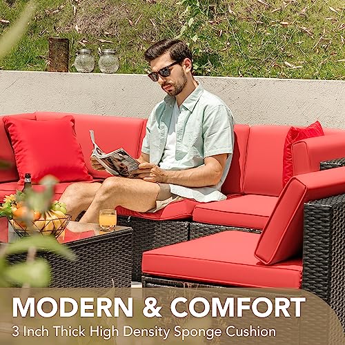 Devoko Patio Furniture Sets 6 Pieces Outdoor Sectional Rattan Sofa Manual Weaving Wicker Patio Conversation Set with Glass Table and Cushion (Beige) - Image 45