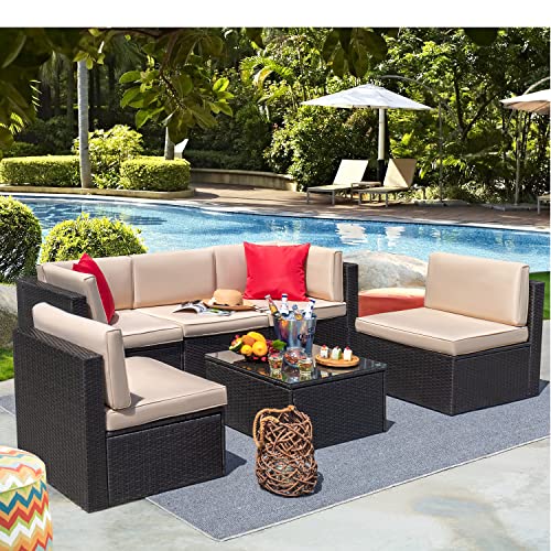Devoko Patio Furniture Sets 6 Pieces Outdoor Sectional Rattan Sofa Manual Weaving Wicker Patio Conversation Set with Glass Table and Cushion (Beige) - Image 41